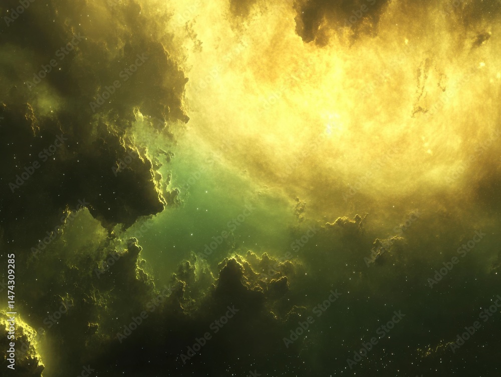 Poster golden nebula shining brightly in deep space artistic rendering celestial cloudscape astronomy backg