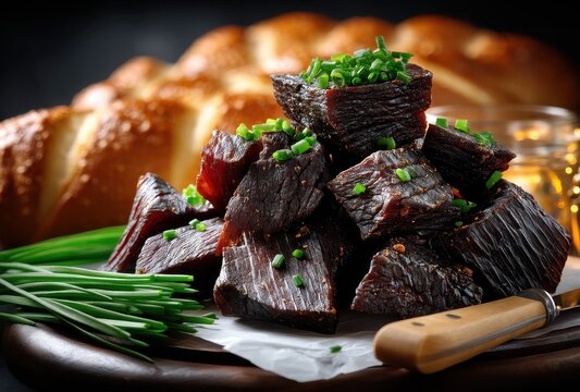 Savory Dried Meat Snack with Fresh Chives Garnish Beside Fresh Baked Bread on a Rustic Wooden Board