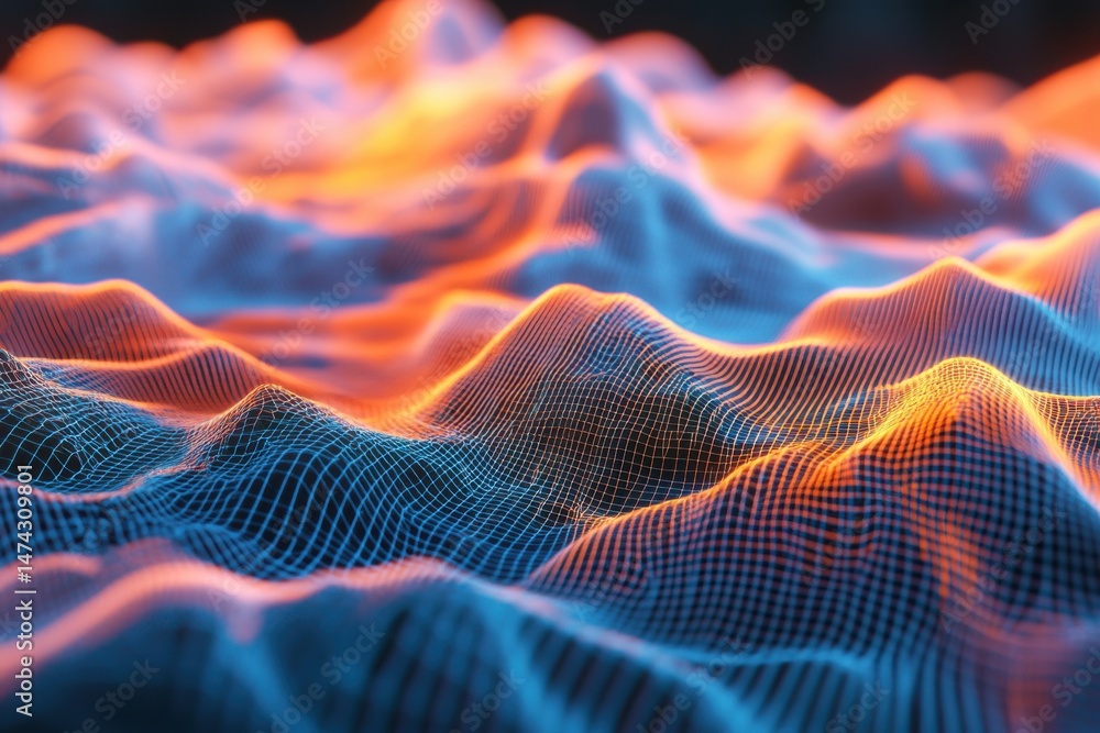 Aufkleber abstract landscape with wireframe grid and orange and blue gradient lighting effect view from above