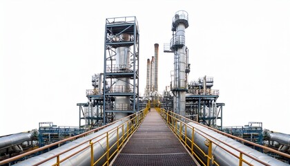 oil refinery with distillation columns and metal walkways isolated on white background
