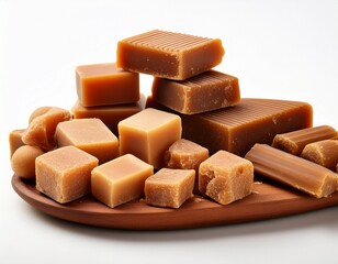 assorted jaggery pieces in different shapes and sizes displayed on an isolated white background ideal for showcasing traditional sweeteners in promotional content