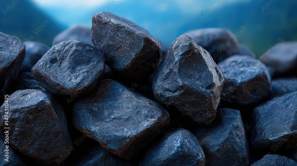 Poster close-up view of stacked charcoal pieces on a blurred background showcasing texture and depth while 