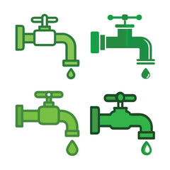 Set of four green faucet illustrations featuring different styles and droplets—each with a unique design and gradient green shades. Ideal for eco-plumbing concepts, symbolizing water use, conservation
