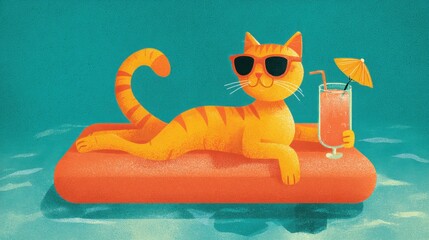 Cartoon Orange Tabby Cat Relaxing on Pool Float with Drink Wearing Sunglasses Illustration Summer Vacation