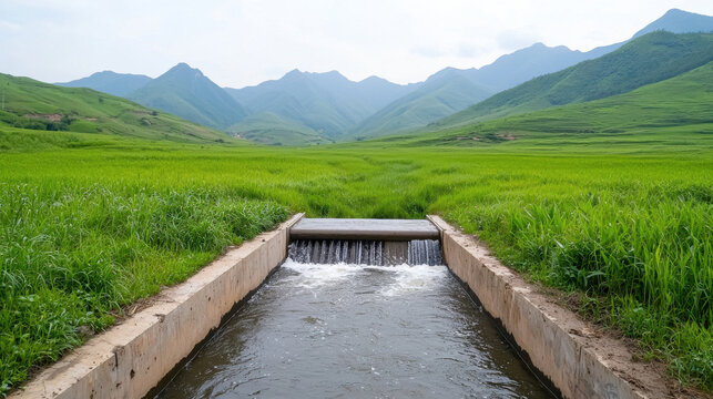Serene landscape featuring weir structure in lush green field, surrounded by mountains