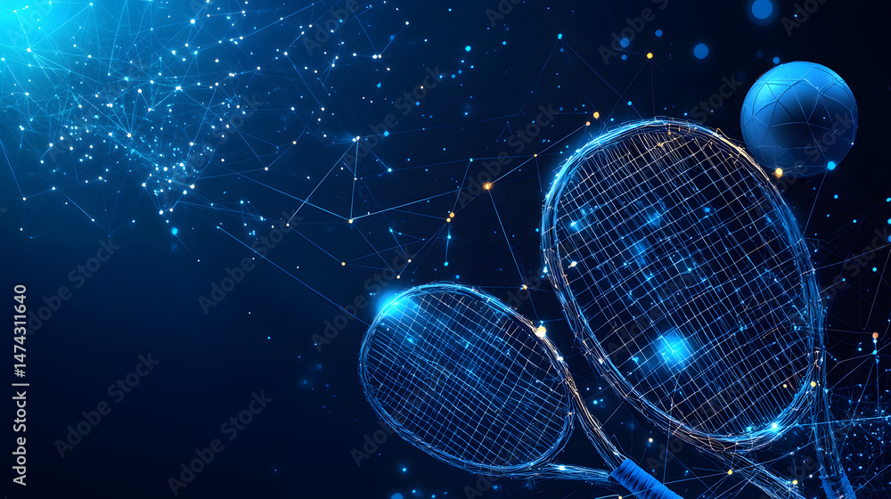 Aufkleber futuristic tennis concept featuring wireframe rackets and ball against a dark blue backdrop. a netwo