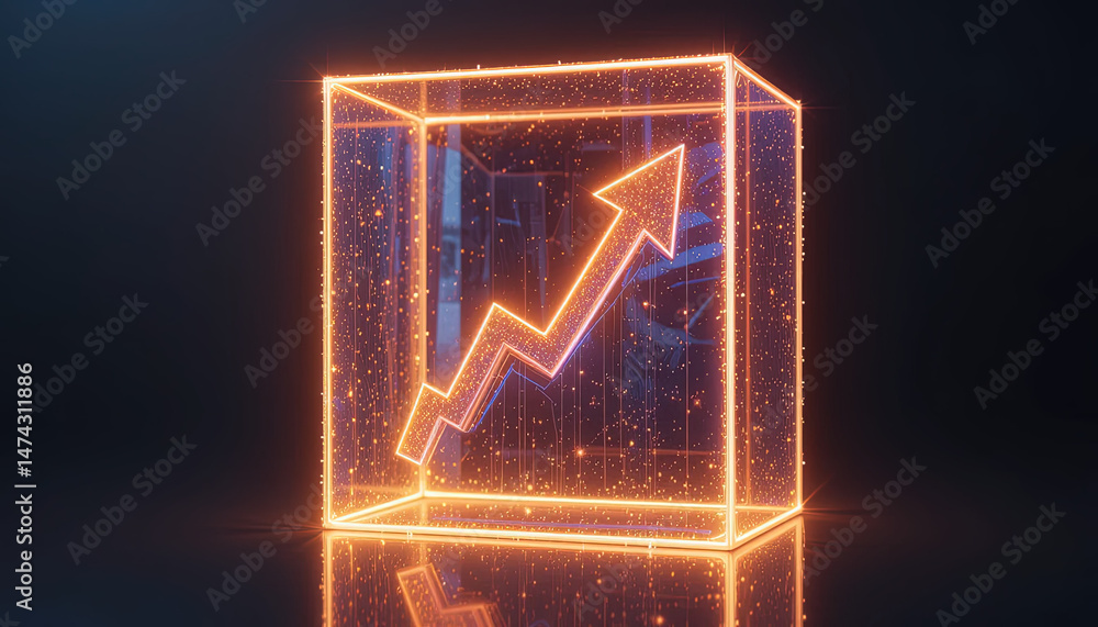 Poster glowing orange upward trend graph within a transparent, illuminated cube. the image is a digital des