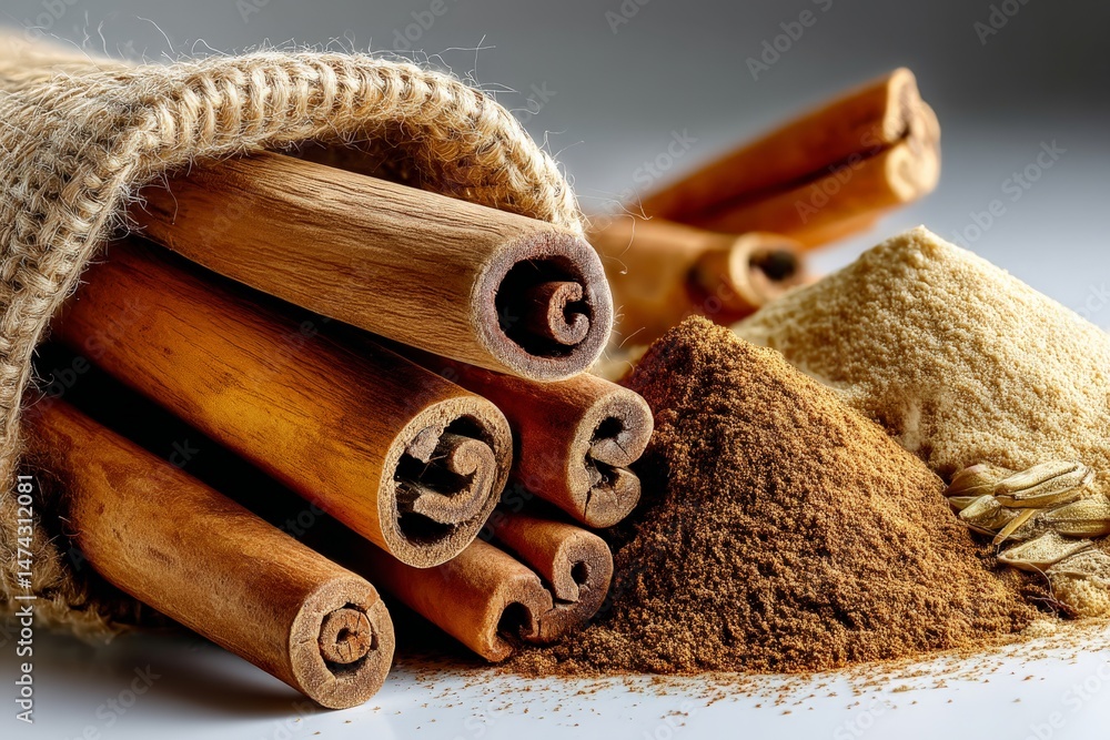 Poster spices including cinnamon sticks and ground cinnamon showcased in a burlap sack on a neutral backgro