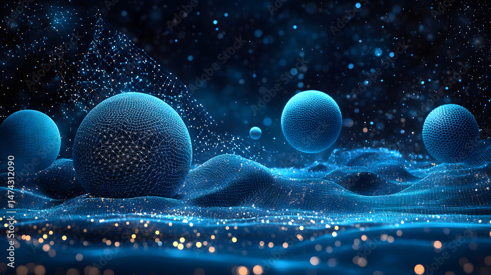 Poster futuristic digital landscape featuring glowing wireframe spheres and a complex network backdrop. poi