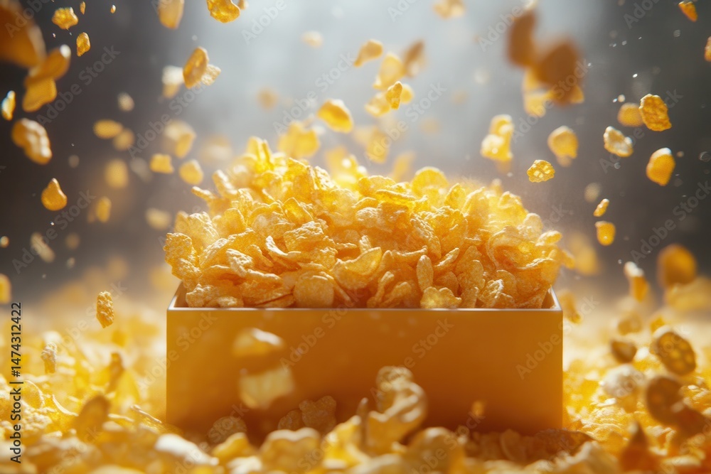 Poster a box overflowing with corn flakes with more flakes falling around it in a bright setting