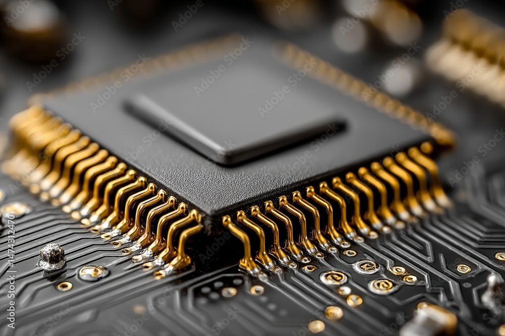Poster close-up view of a microprocessor on a circuit board showcasing intricate details and craftsmanship