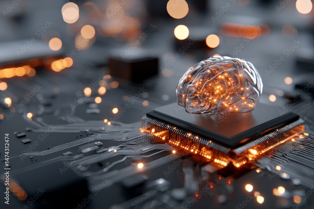 Aufkleber Futuristic brain model placed on a circuit board with glowing lights simulating artificial intelligence development in a tech lab