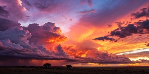 dramatic vibrant sunset sky clouds, majestic cloudscape sunrise, ethereal glowing heavenly atmosphere, stunning fiery colors sky horizon, epic cinematic nature landscape, awe-inspiring celestial skysc