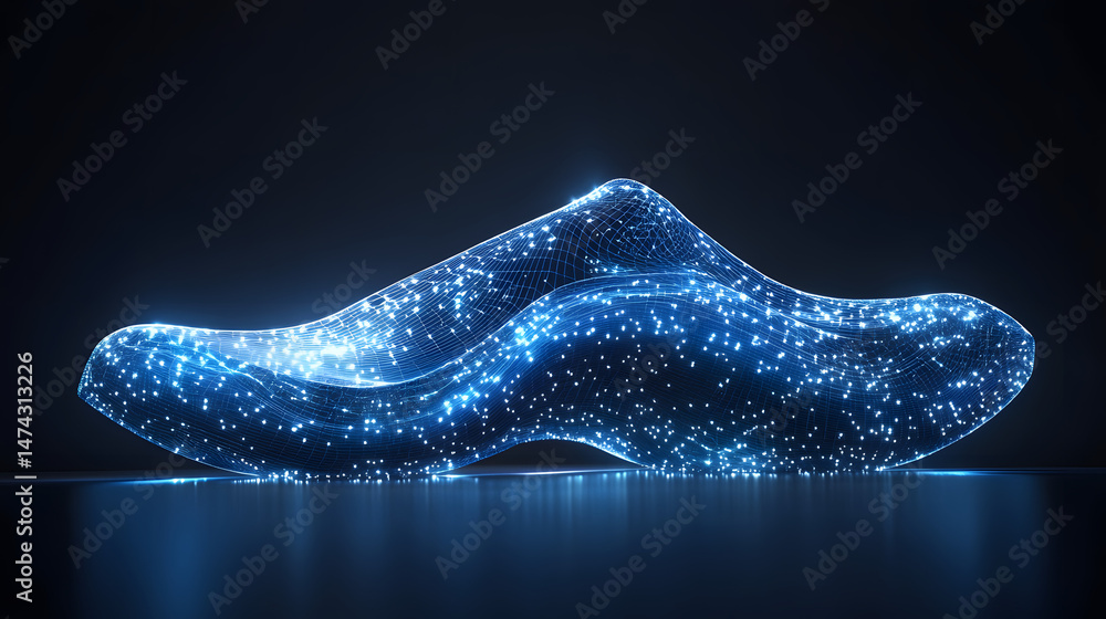 Aufkleber Striking wireframe structure glows intensely against a dark backdrop. A wave of interconnected blue lines and luminous points reflects on a surface. Abstract wireframe in dark blue.