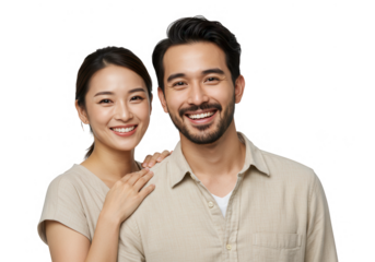 Smiling asian couple portrait isolated on transparent background