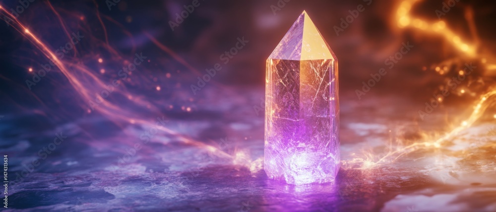 Poster glowing crystal point on textured surface with energy streams abstract close up studio shot
