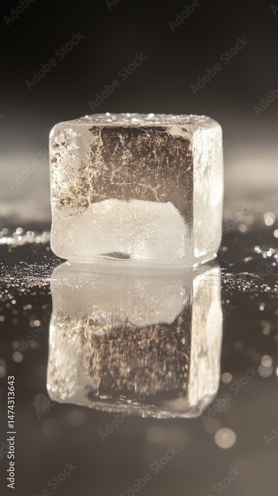 Poster macro studio shot of single ice cube melting on reflective surface with water droplets and dark back