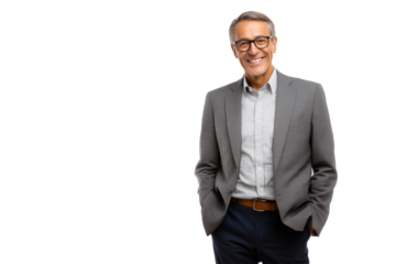A confident, relaxed businessman, wearing business attire and glasses, smiling at the camera with hands in pockets, a portrait of professional success on a white or transparent background.	