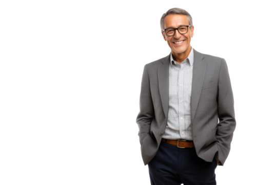 A confident, relaxed businessman, wearing business attire and glasses, smiling at the camera with hands in pockets, a portrait of professional success on a white or transparent background.	
