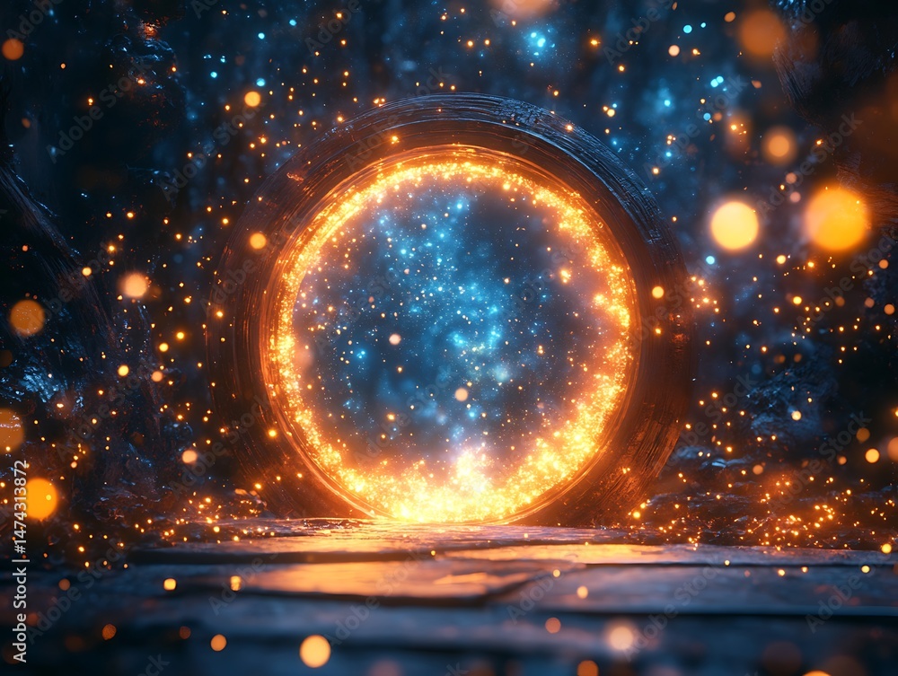 Poster mystical portal in a cosmic realm with shimmering particles and ethereal light