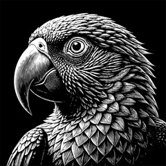 Fototapeta premium Majestic Parrot Illustration in Black and White with Detailed Feathers.
