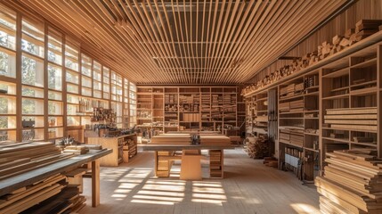 Inviting wood workshop with light filtering through slats, illuminating timber and hand tools.