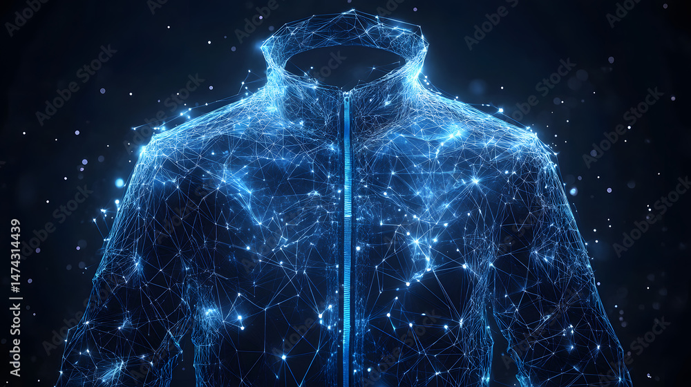 Aufkleber luminous blue network jacket on dark background. lines and points highlight form. striking techwear 