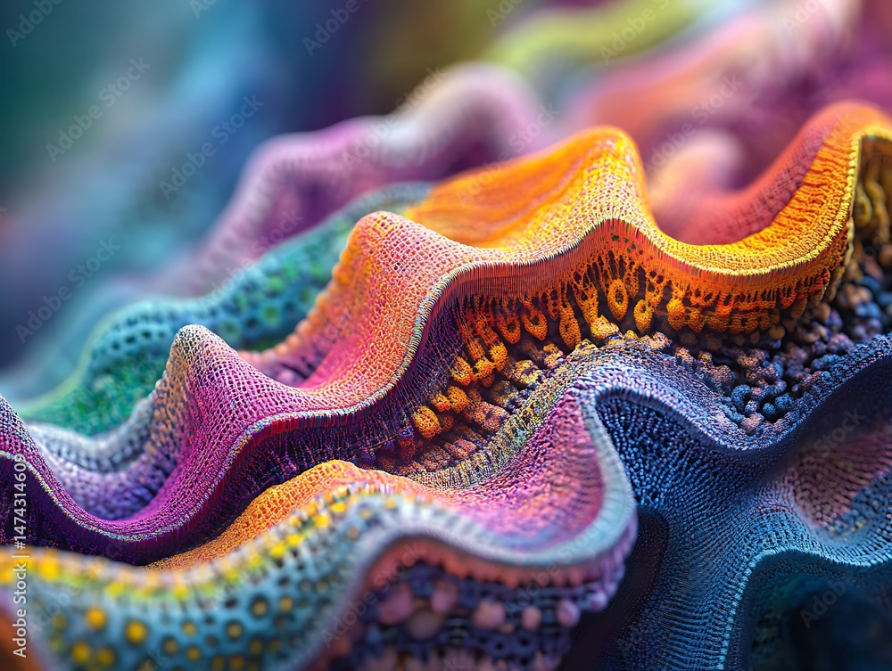 Poster vibrant undulating terrain of textured color gradients and detailed patterns