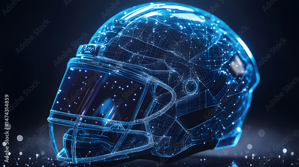 Poster Futuristic American football helmet rendered as a glowing blue wireframe on a dark backdrop. High-tech design with visor and oval ear opening. Bokeh lights add depth. Abstract wireframe in dark blue