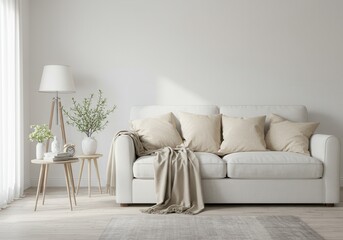 White sofa with pillows and throw blanket in bright living room interior