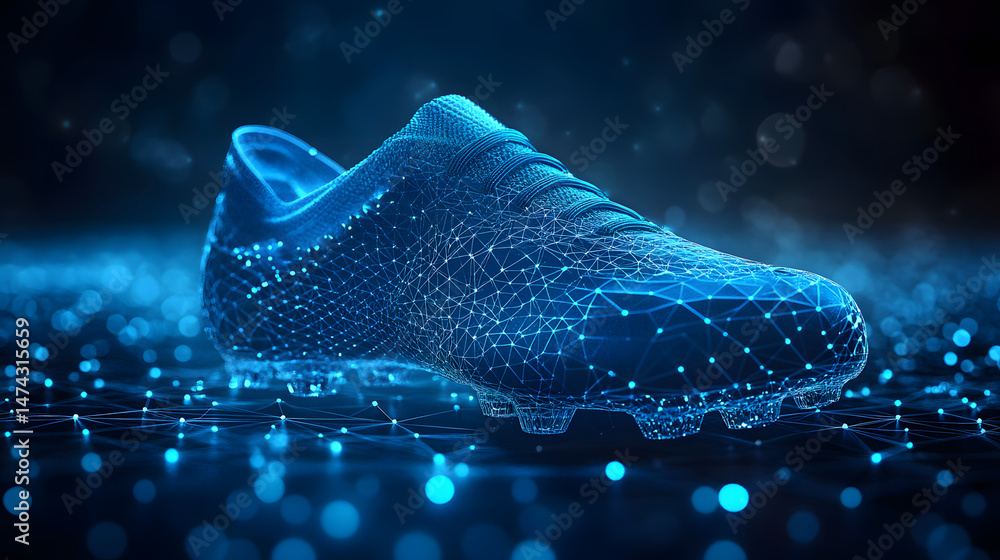 Poster futuristic soccer cleat depicted with interconnected blue glowing nodes and lines. the technological