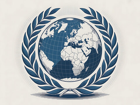 Fototapeta Emblem of the united nations featuring a globe surrounded by laurel leaves in a vintage style