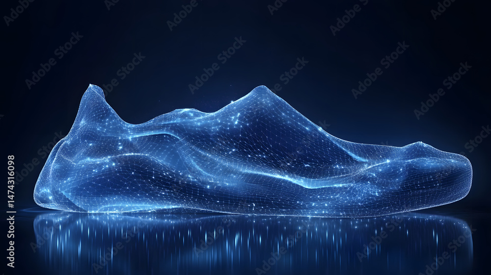Poster a luminous, abstract digital shoe composed of glowing blue lines and dots. the wireframe design rest