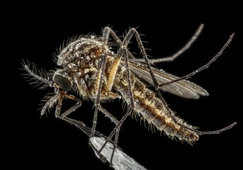 Close-up of a mosquito with droplets on its body against a black background