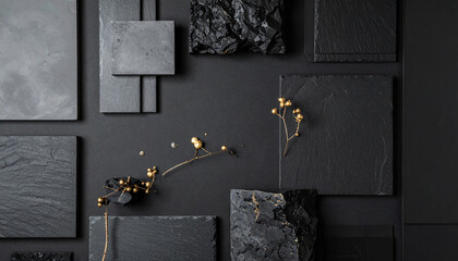black moodboard with stone texture and golden dried grass elements