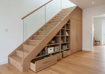 Staircase with built in storage and glass railing in modern home interior