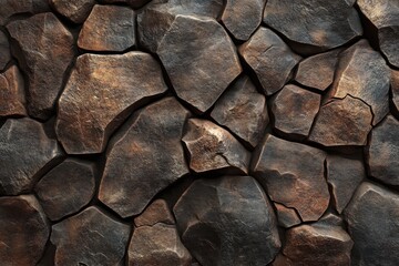 Close-up view of a textured stone wall.  Rough, unevenly shaped stones of varying dark brown and gray tones create a rugged surface.  Cracks and crevices add depth and detail to the pattern