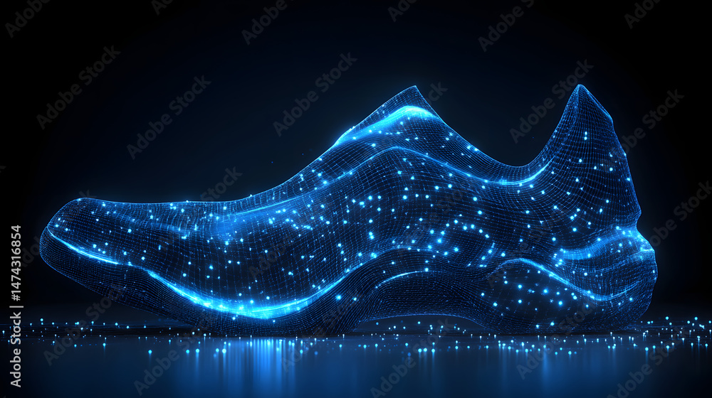 Poster Futuristic shoe design rendered as a glowing blue wireframe mesh on a reflective surface, set against a dark background with scattered light particles. Abstract wireframe in dark blue