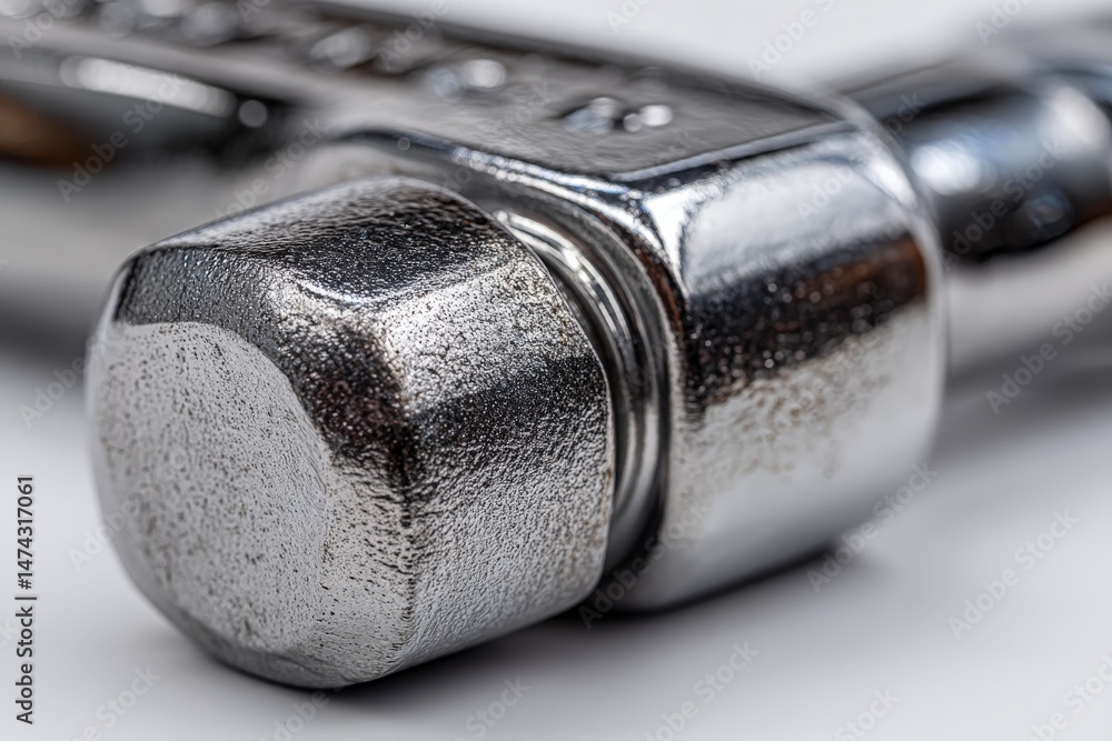 Poster Close-up of a shiny chrome wrench resting on a white surface with intricate details visible in bright lighting