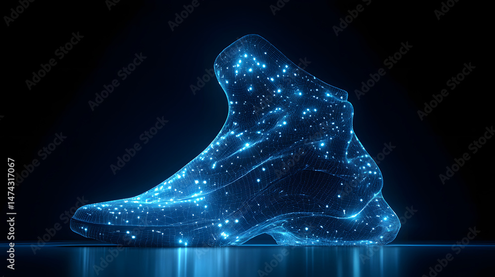 Poster Futuristic shoe concept rendered as a glowing blue wireframe. The design emphasizes technology and innovation with a dark, reflective base adding depth. Abstract wireframe in dark blue.