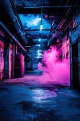 Fototapeta premium Atmospheric Warehouse Interior with Pink Smoke and Blue Lighting Industrial Urban Scene with Pipes and Concrete Walls