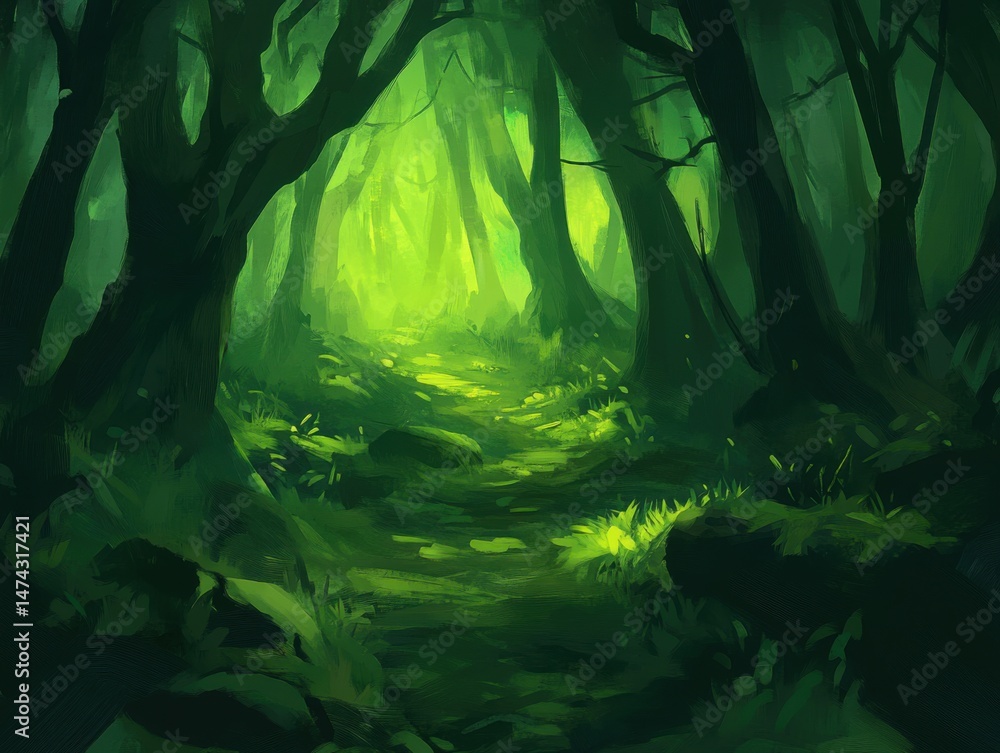 Poster forest path painting style with light green glow perspective view of dark trees and foliage in a woo