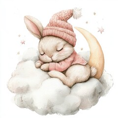 Fototapeta premium Starry Night Bunny Rest: Charming Illustration of a Sleeping Rabbit with Party Hat on a Cloud Beside a Pink Crescent Moon.