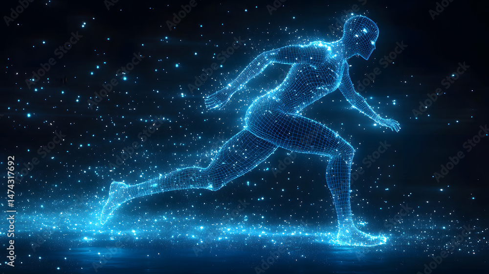 Poster A dynamic digital runner formed from glowing blue wireframe amidst a particle storm. Emphasizing technology and motion against a dark backdrop. Abstract wireframe in dark blue.