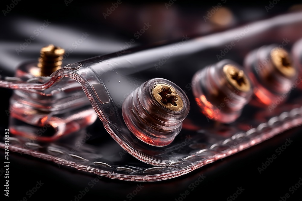 Poster detailed close-up of a transparent sheet featuring metallic screws and a glossy finish in a well-lit
