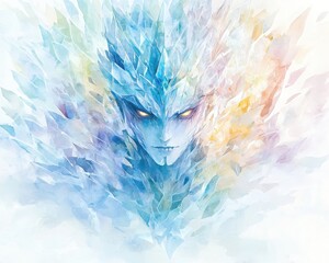 Abstract Watercolor Illustration of Lucifer Frozen in Cocytus – Mythological Underworld Scene in Icy Glow