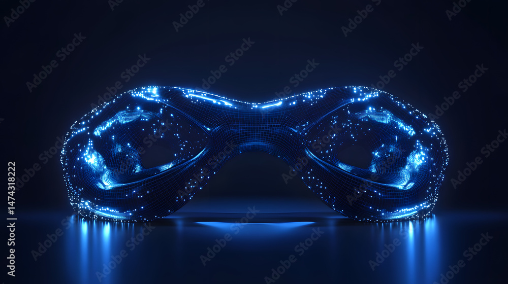 Leinwandbilder Futuristic abstract object featuring interconnected bulbous forms, a wireframe grid, and vibrant blue lights reflecting off a surface in a dark environment. Abstract wireframe in dark blue.