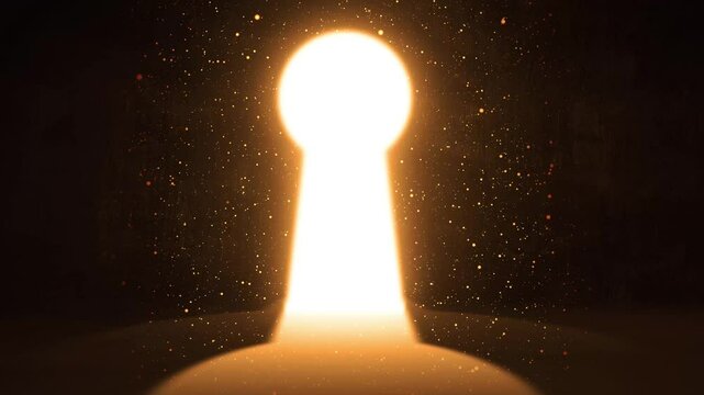 Light keyhole Door Stars in Dark Concrete Room. Starry Gate Key Hole, Creative concept idea, Surreal door and Business concept, Key door Freedom. Nobody, scenic 4k Video