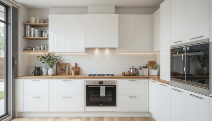 Modern white kitchen with a wooden worktop and Scandinavian style accessories.