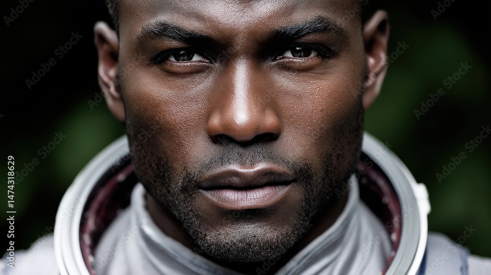 Poster intense portrait of a confident astronaut showcasing resilience and determination with striking feat